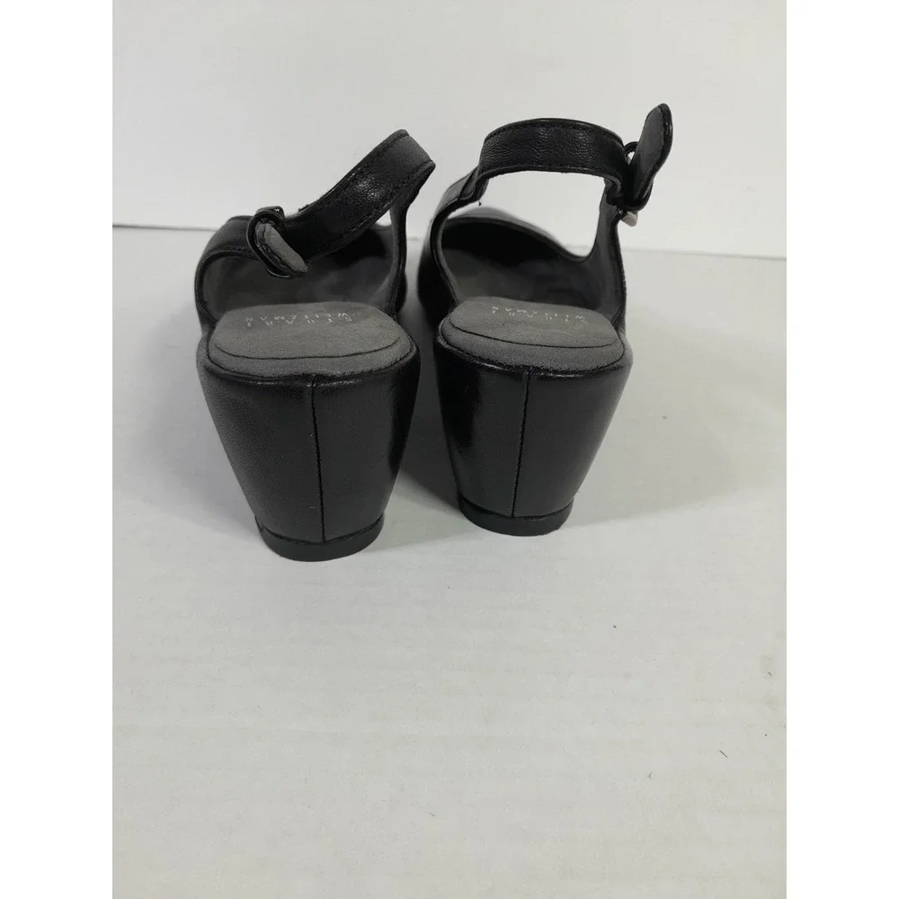 Stuart Weitzman Wedge Heel sz 8 N Women Cap Toe Shoe Black Leather Slingback